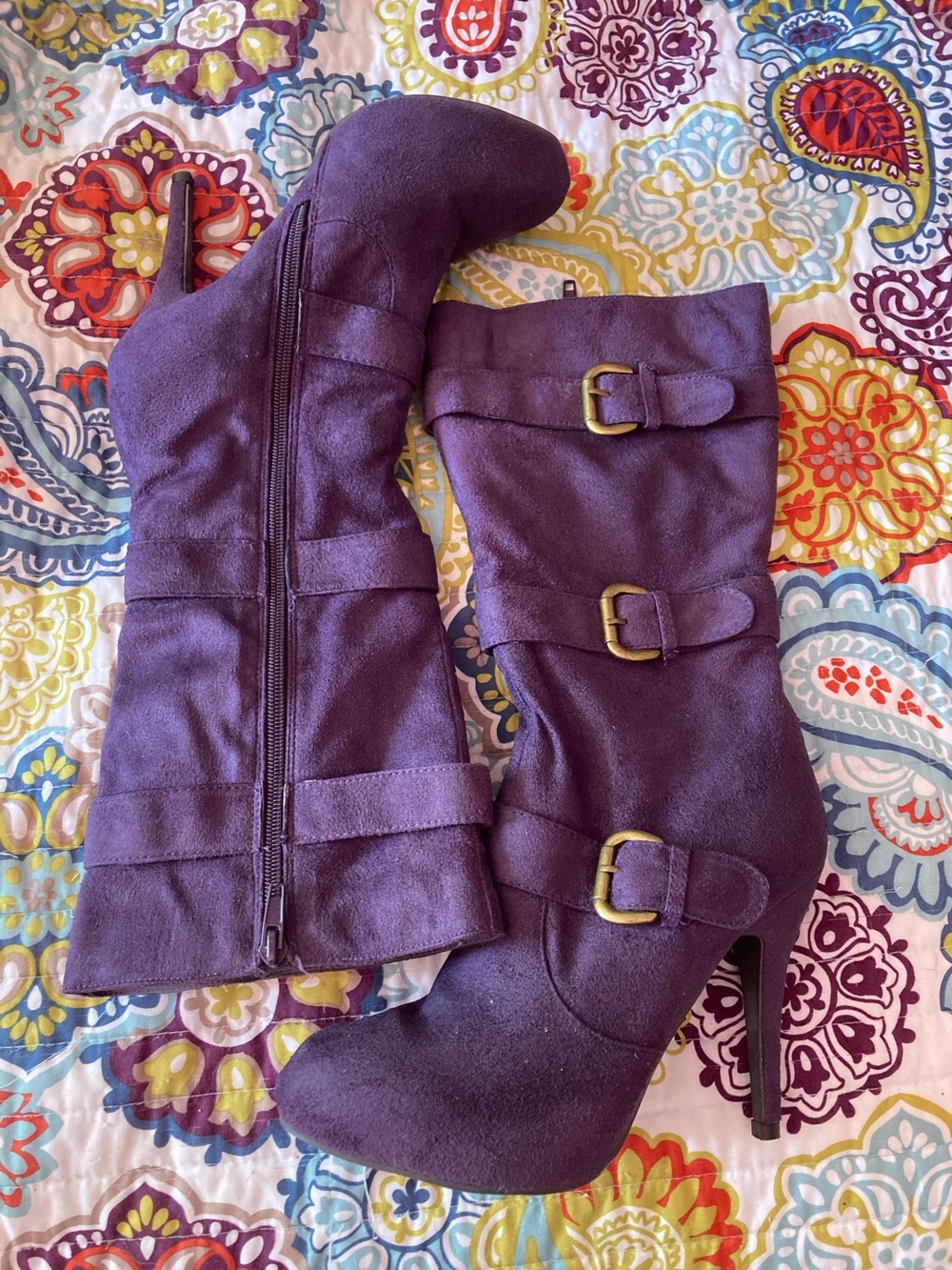 Purple Suede Knee-High Buckle Stiletto Boots